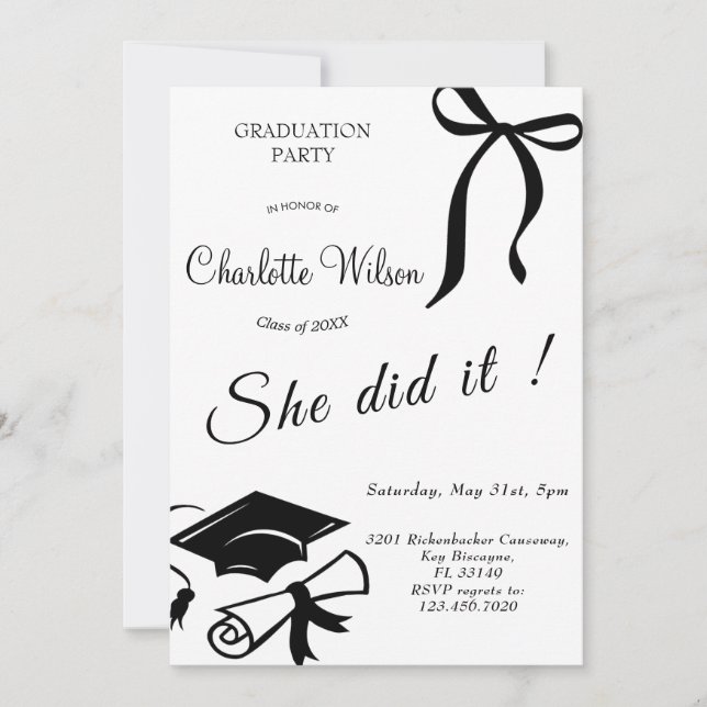 Trendy Black Bow Graduation Party Invitation (Devant)