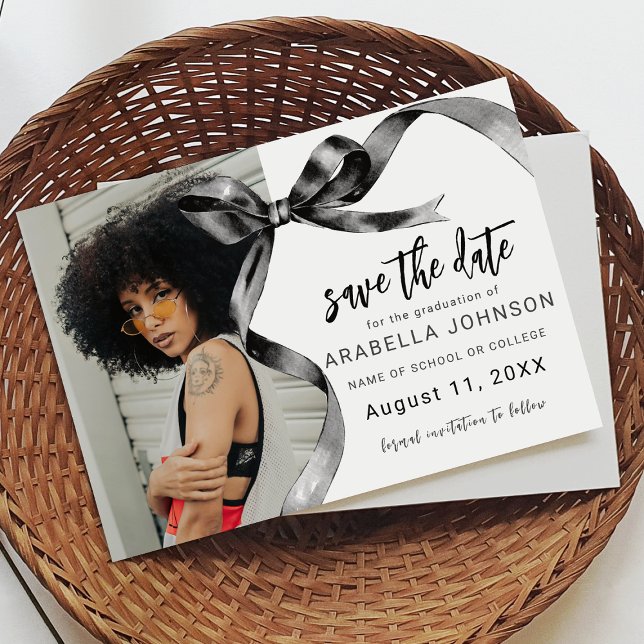 Trendy Black Bow Photo Graduation Save The Date (Von Creator hochgeladen)