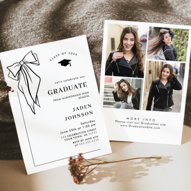 Trendy Black Bow Ribbon 4 FOTO Graduation Party Einladung (Von Creator hochgeladen)