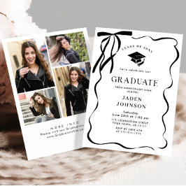 Trendy Black Bow Ribbon 4 PHOTO Graduation Party Einladung