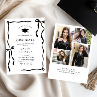 Trendy Black Bow Ribbon 4 PHOTO Graduation Party Einladung