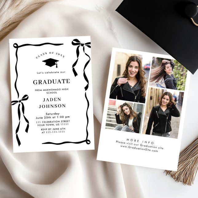 Trendy Black Bow Ribbon 4 PHOTO Graduation Party Einladung (Von Creator hochgeladen)