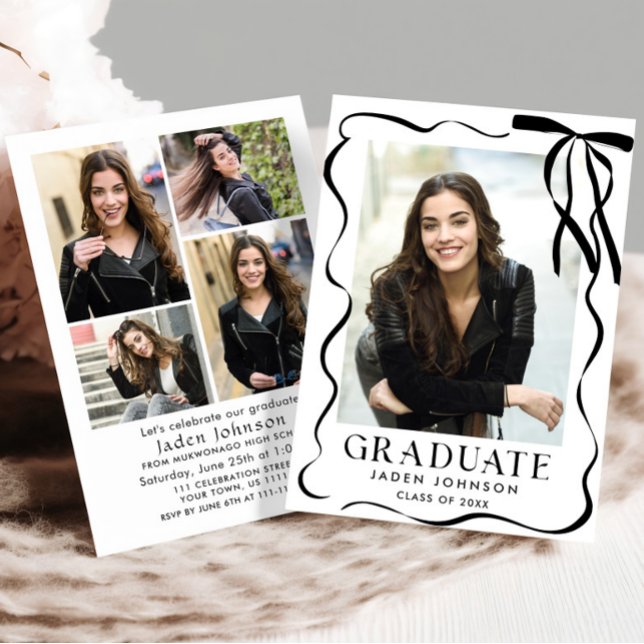 Trendy Black Bow Ribbon 5 PHOTO Graduation Party Einladung (Von Creator hochgeladen)