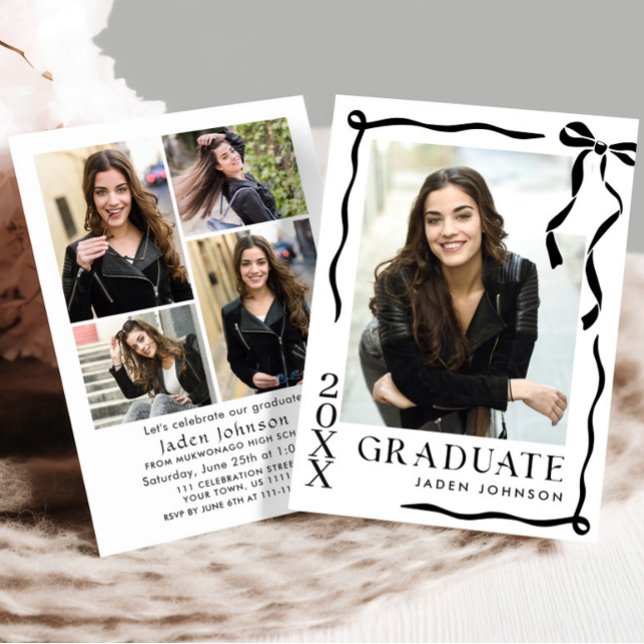 Trendy Black Bow Ribbon 5 PHOTO Graduation Party Einladung (Von Creator hochgeladen)