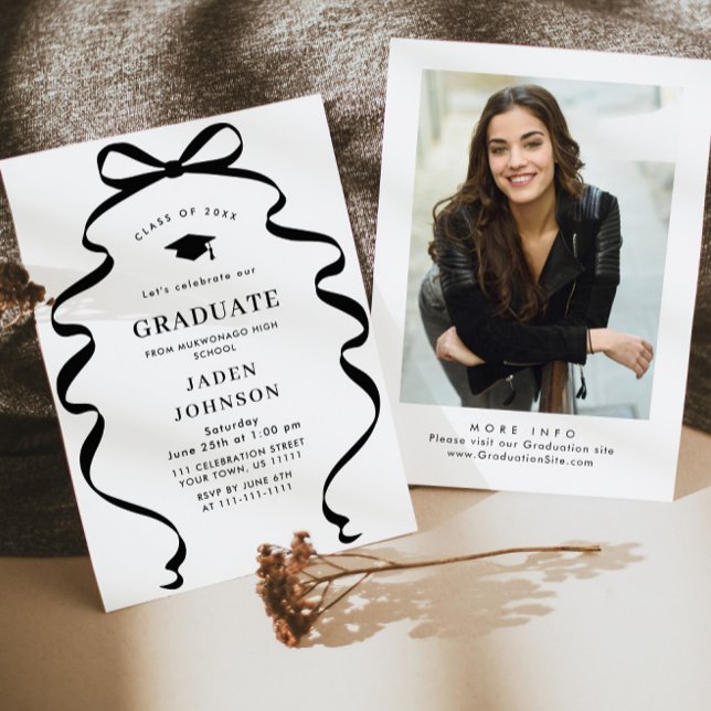 Trendy Black Bow Ribbon FOTO Graduation Party Einladung (Von Creator hochgeladen)