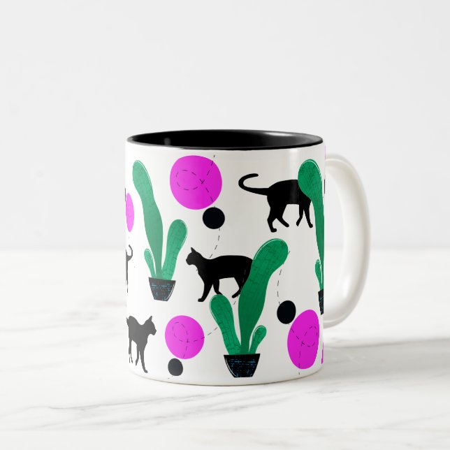Trendy Black Cat and Cactus Pattern Zweifarbige Tasse (VorderseiteRechts)