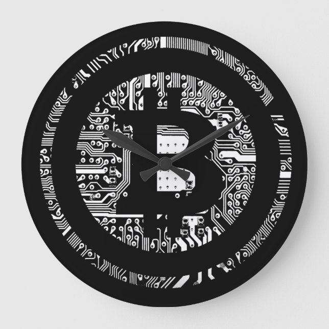 Trendy Black Circuitry Bitcoin-Logo Große Wanduhr (Vorderseite)