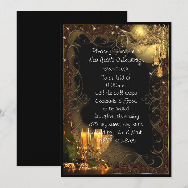 Trendy Black Gold Champagne Neues Jahr Party Einladung (Vorne/Hinten)