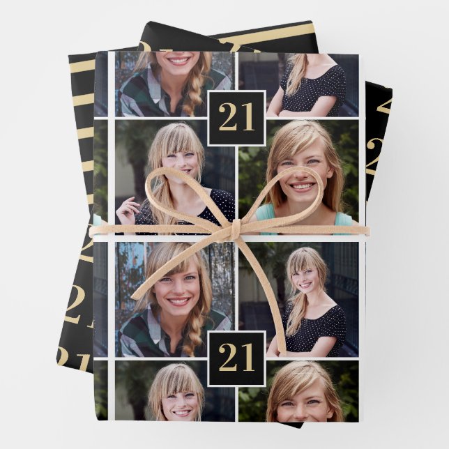 Trendy Black Gold FotoCollage 21. Geburtstag Geschenkpapier Set (Beispiel)