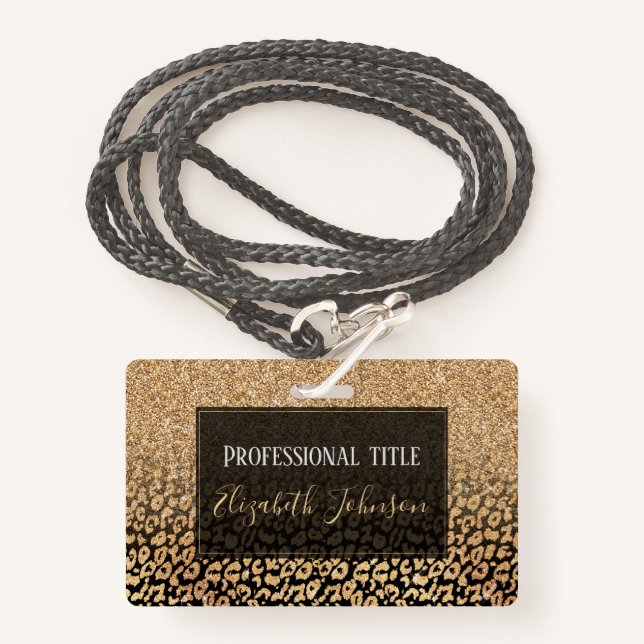 Trendy Black Gold Glitzer Leopard Ombre Ausweis (Vorderseite mit Schlüsselband)
