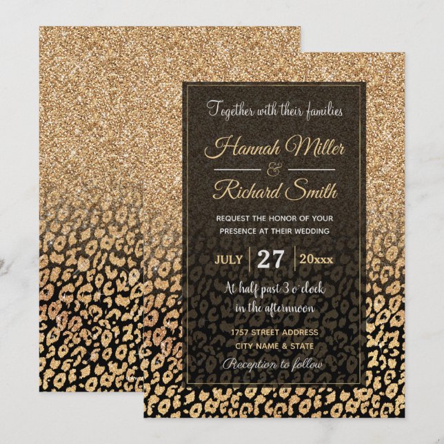 Trendy Black Gold Glitzer Leopard Ombre Einladung (Vorne/Hinten)