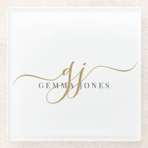 Trendy Black Gold Monogram Initial Script Name Glasuntersetzer