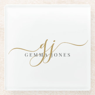 Trendy Black Gold Monogram Initial Script Name Glasuntersetzer
