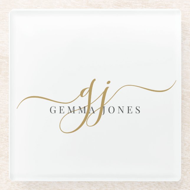 Trendy Black Gold Monogram Initial Script Name Glasuntersetzer (Vorderseite)