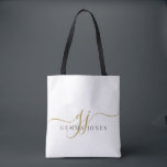 Trendy Black Gold Monogram Initial Script Name Tasche<br><div class="desc">Tragen Sie Ihren Stil, wo immer Sie gehen mit dieser eleganten Monogramm Tote-Tasche. Es wurde mit anmutigen goldenen Schriftzeichen entworfen, gepaart mit einem raffinierten Serifennamen, verbindet moderne Eleganz mit alltäglicher Funktion. Diese vielseitige Tasche eignet sich hervorragend für Pendeln, Shoppingtouren oder behaltend Wesentliches, die bei der Arbeit organisiert werden. Sie eignet...</div>