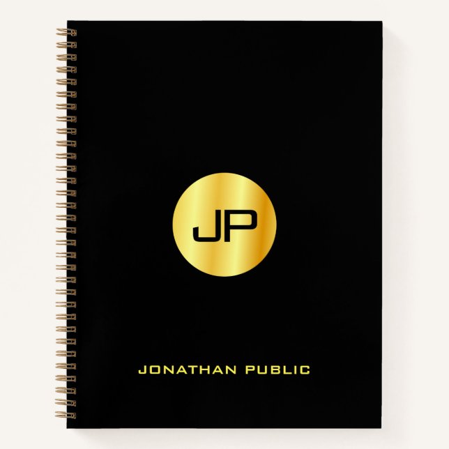 Trendy Black Gold Monogram Name Elegant Moderne Notizbuch (Vorderseite)