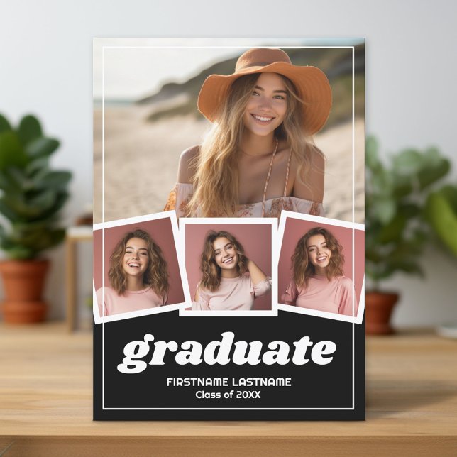 Trendy Black Graduation Party 4 Foto Einladung (Custom Graduation Announcement and Invitation)