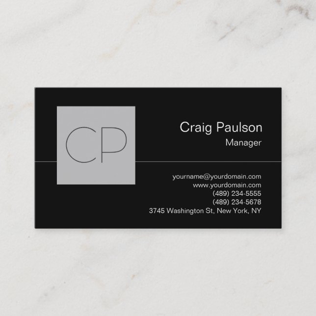 Trendy Black Gray Chic Monogram Business Card Visitenkarte (Vorderseite)