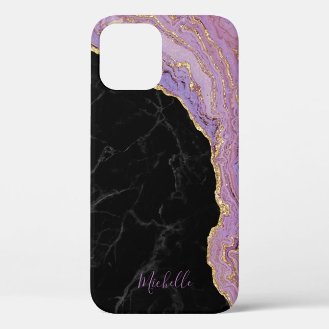 Trendy Black Marble Lila & Gold Agate mit Name Case-Mate iPhone Hülle (Rückseite)