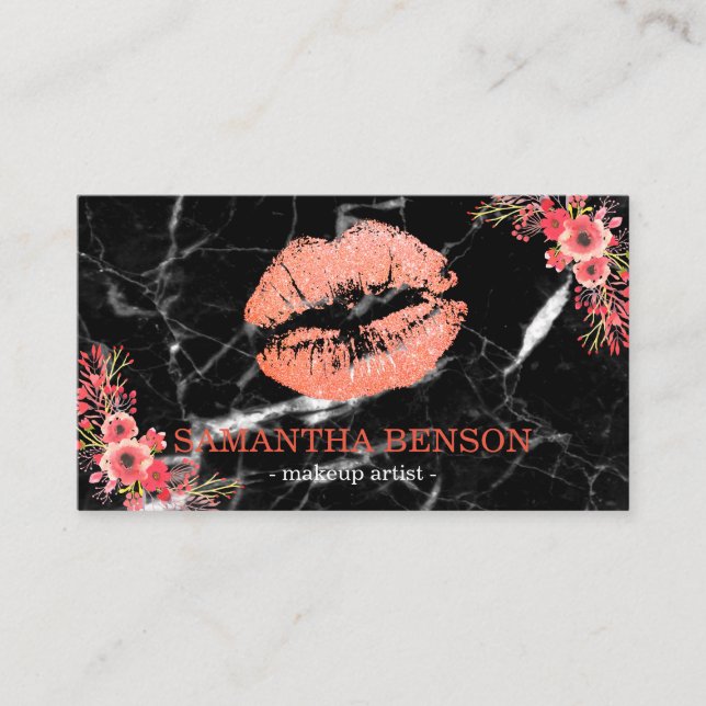 Trendy Black Marble Rose Gold Lips Makeup Artist Visitenkarte (Vorderseite)