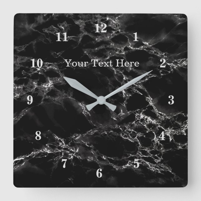 Trendy Black Marble Stone - Add Your Text / Name Quadratische Wanduhr (Vorderseite)