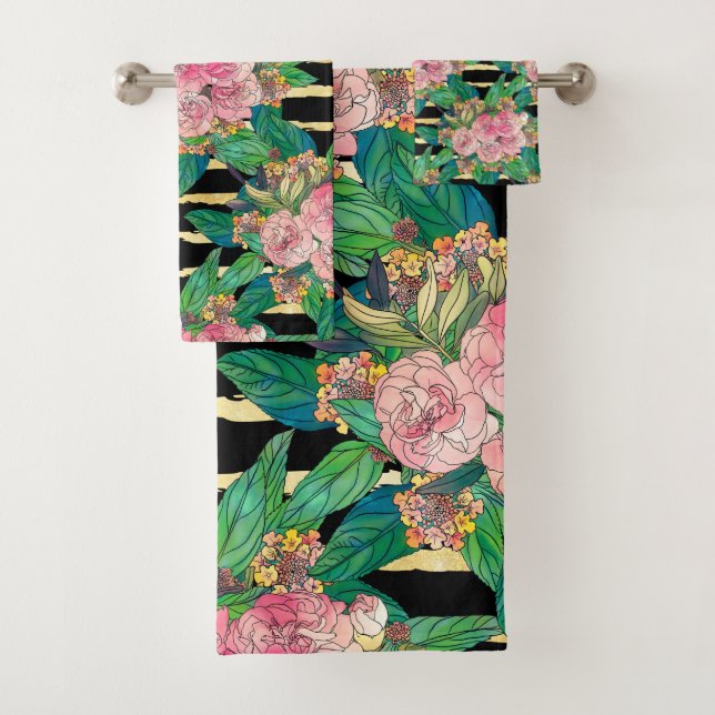 Trendy Black Pink Blume Gold Streifen Botanisch Badhandtuch Set (Insitu)