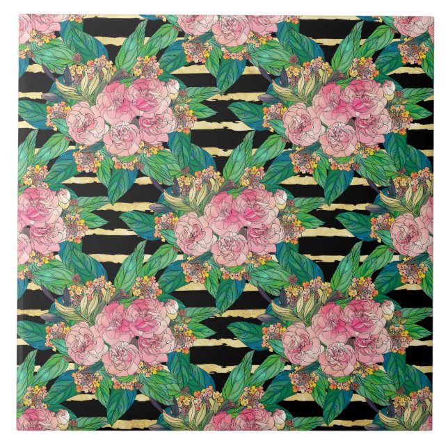 Trendy Black Pink Blume Gold Streifen Botanisch Fliese (Vorderseite)