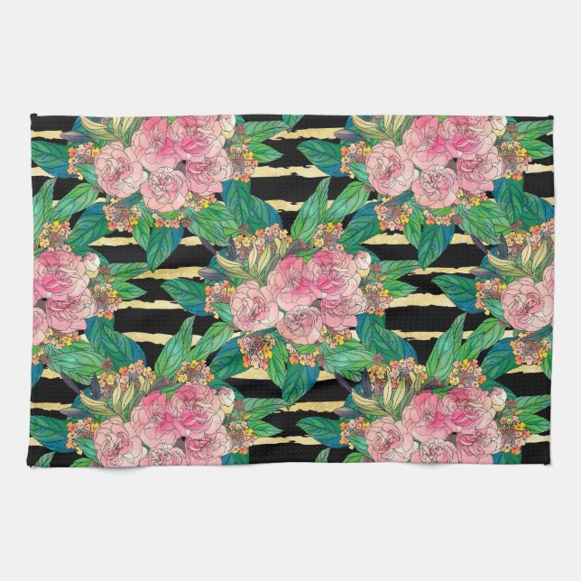 Trendy Black Pink Blume Gold Streifen Botanisch Geschirrtuch (Horizontal)