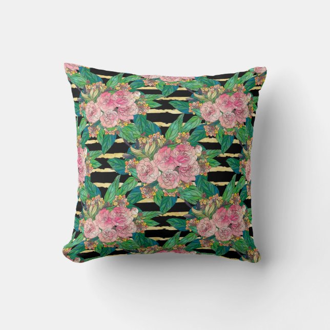 Trendy Black Pink Blume Gold Streifen Botanisch Kissen (Vorderseite)