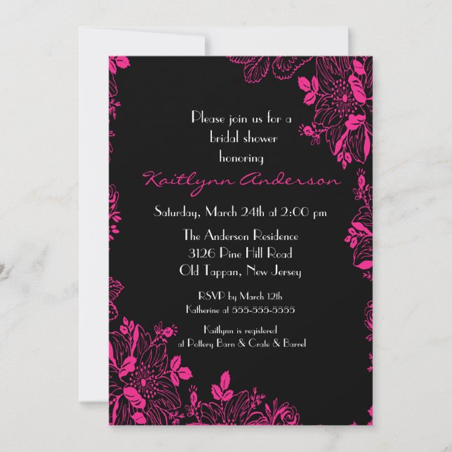 Trendy Black & Pink Floral Brautparty Einladung (Vorderseite)