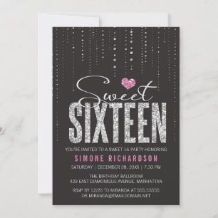 Trendy Black Pink Silver Glitzer Sweet 16 Einladung