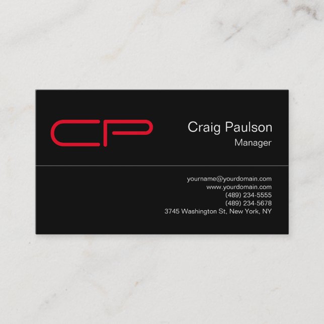 Trendy Black Red Chic Monogram Business Card Visitenkarte (Vorderseite)