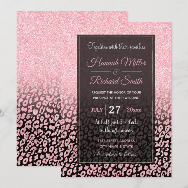 Trendy Black Rose Gold Glitzer Leopard Ombre Einladung (Vorne/Hinten)