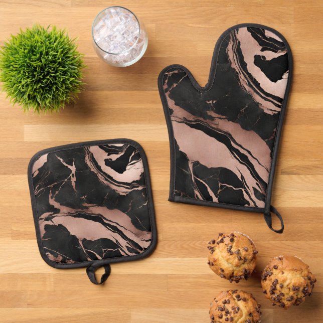Trendy Black Rose Gold Marble Ofenhandschuh & Topflappen-Set (Oben Unten)
