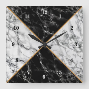 Trendy Black & White Check Marble Stones - Luxury Quadratische Wanduhr