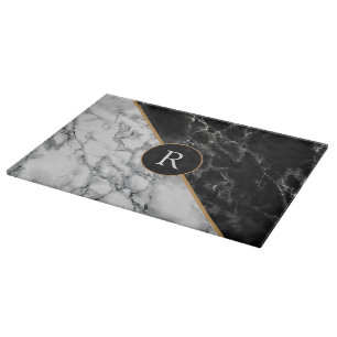 Trendy Black & White Marble Stone Add Letter /Year Schneidebrett