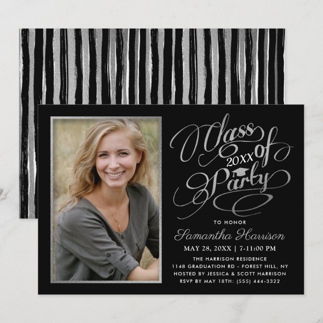 Trendy Black, White & Silver Graduation Party Einladung (Vorne/Hinten)