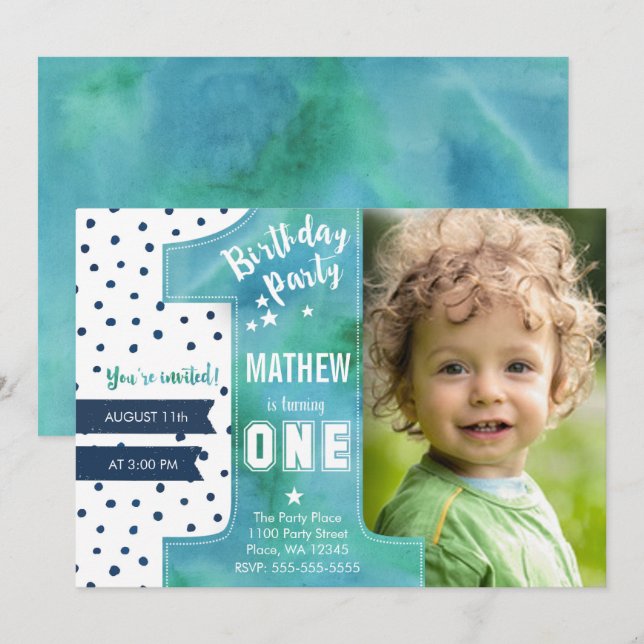 Trendy | Blau | Aquarell | Erster Geburtstag | Einladung (Vorne/Hinten)