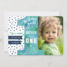 Trendy | Blau | Aquarell | Erster Geburtstag | Einladung