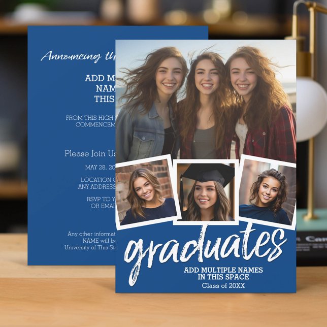 Trendy Blue Abschluss Group Party 4 Foto Einladung (Group Graduation Invitation with 4 Photos and Party Information)