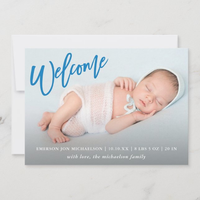 Trendy Blue Begrüßungsschrift mit Foto Baby Birth Ankündigung (Vorderseite)