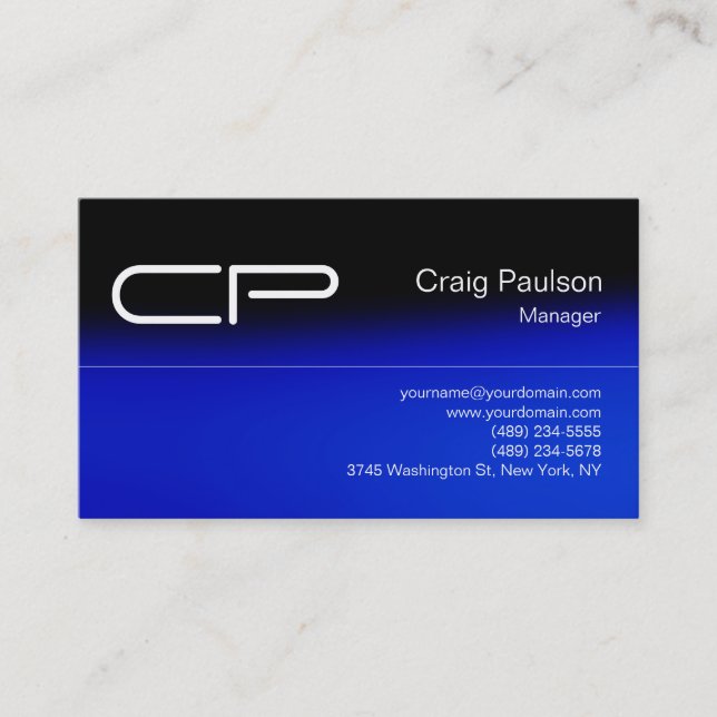 Trendy Blue Black Chic Monogram Business Card Visitenkarte (Vorderseite)