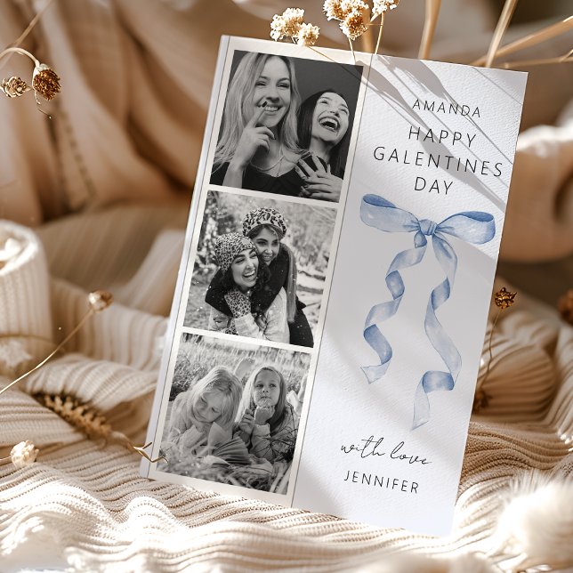 Trendy Blue Bow 3 Foto Galentines Day Card Feiertagskarte (Von Creator hochgeladen)