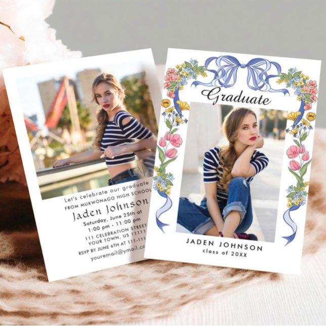 Trendy Blue Bow Coquette 2 FOTO Graduation Party Einladung (Von Creator hochgeladen)