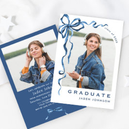 Trendy Blue Bow Ribbon 2 FOTO Graduation Party Einladung