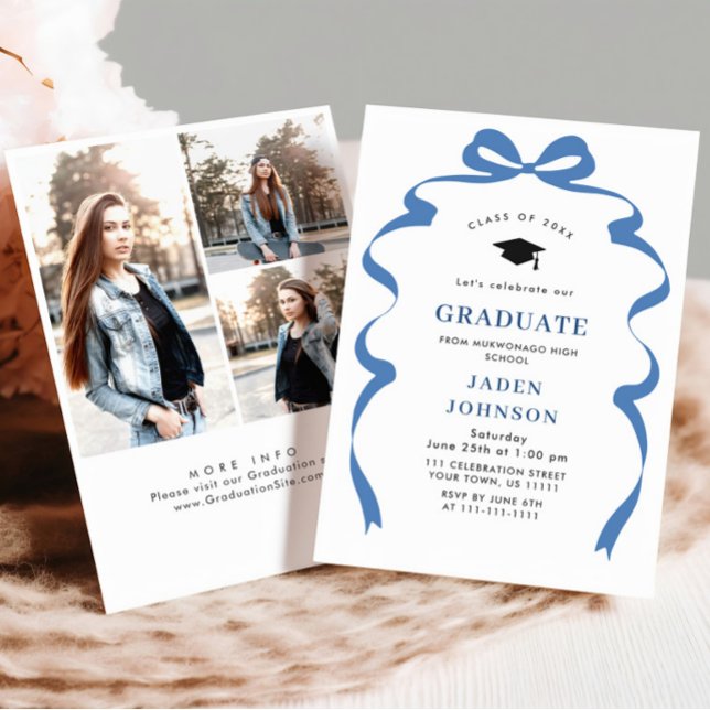 Trendy Blue Bow Ribbon 3 FOTO Graduation Party Einladung (Von Creator hochgeladen)