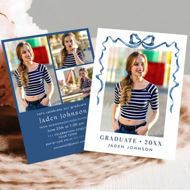 Trendy Blue Bow Ribbon 4 FOTO Graduation Party Einladung (Von Creator hochgeladen)