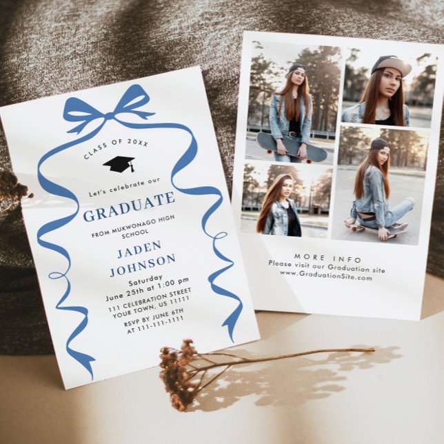 Trendy Blue Bow Ribbon 4 FOTO Graduation Party Einladung (Von Creator hochgeladen)