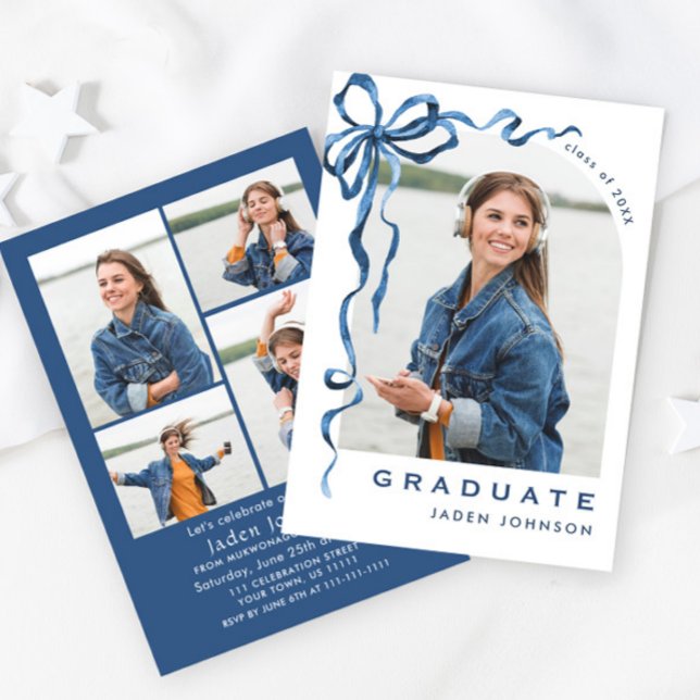 Trendy Blue Bow Ribbon 5 FOTO Graduation Party Einladung (Von Creator hochgeladen)