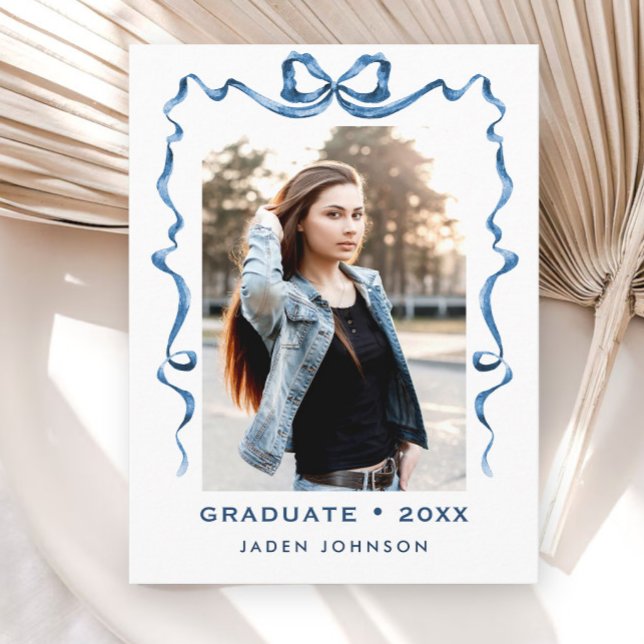 Trendy Blue Bow Ribbon FOTO Graduation Party Postkarte (Von Creator hochgeladen)